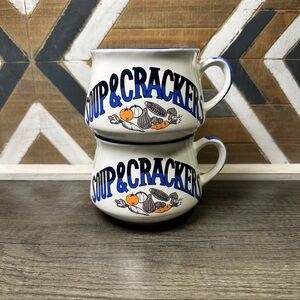 Vtg Set of 2 Soup & Crackers Mugs Blue White Ceramic Cups Kitchenware